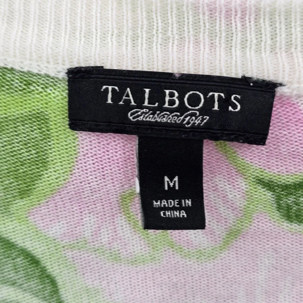 Talbots Cardigan Womens M Green Pink Floral Cotton Blend V-Neck 3/4 Sleeve